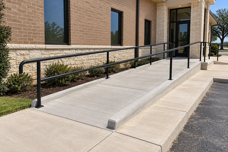 ADA Ramps in Waco, TX, example photo: new concrete ramp with handrails on both sides at a commercial entrance