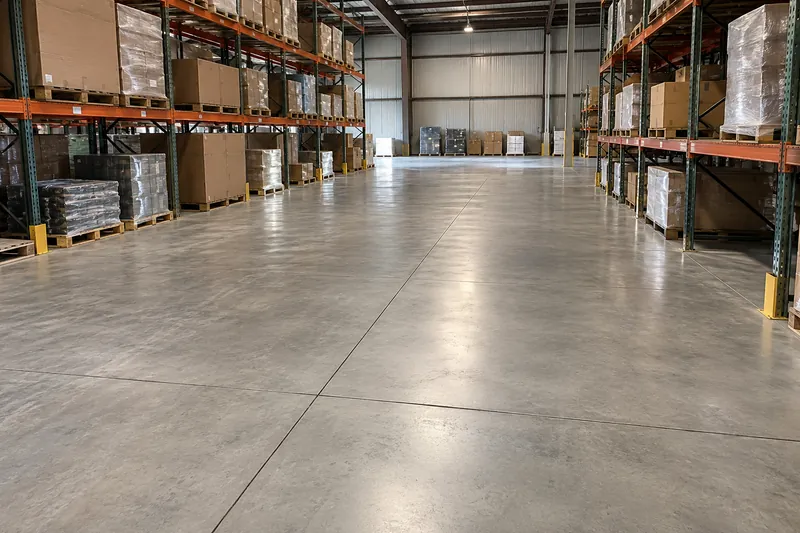 Commercial Concrete in Bellmead, TX, example photo: finished warehouse floor with sawn joints and racking