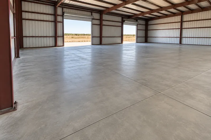Commercial Concrete in Leroy, TX, example photo: finished concrete slab inside a new steel warehouse shell