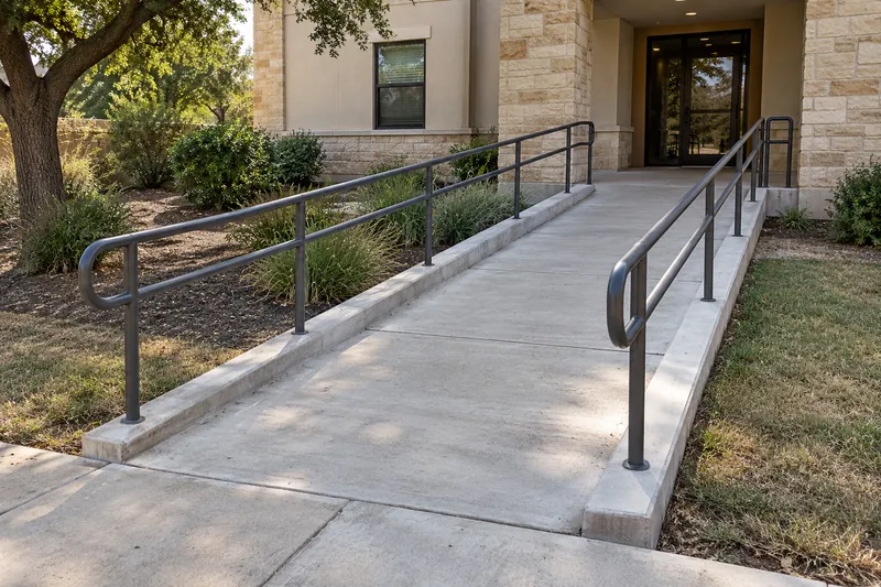 Commercial Concrete in Mart, TX, example photo: concrete ramp with handrails at an apartment entrance