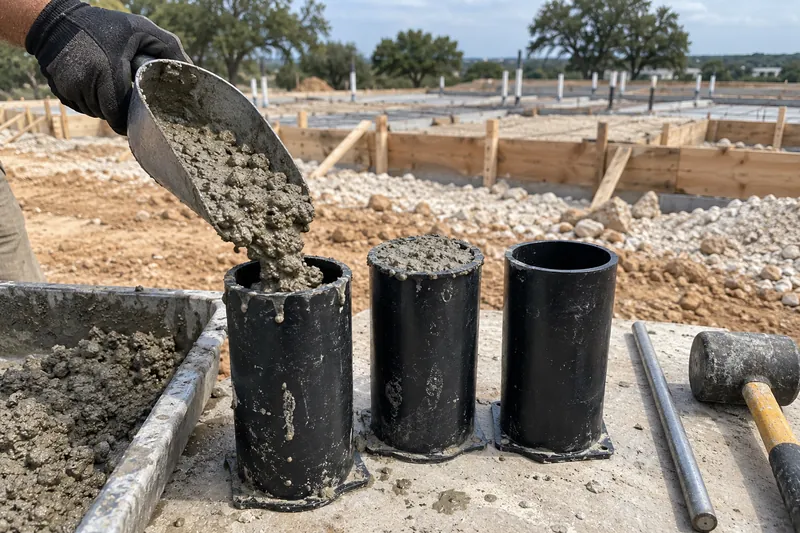 Commercial Concrete in Woodway, TX, example photo: concrete test cylinders being filled on a job site