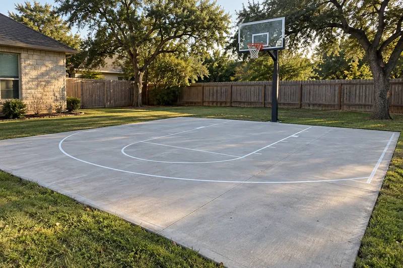 Concrete Basketball Courts in Waco, TX, example photo: backyard concrete basketball court with painted lines and a hoop