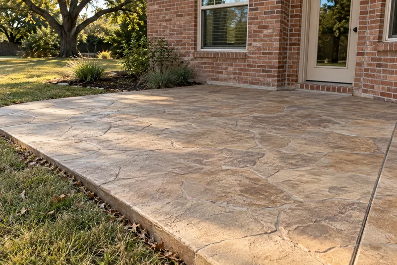 Concrete Contractor in Abbott, TX, example photo: a stamped flagstone patio beside a traditional red-brick home