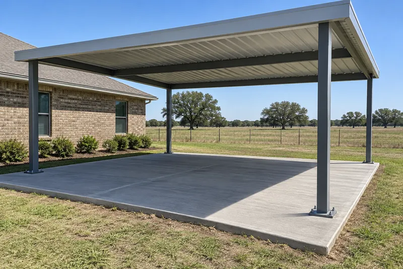 Concrete Contractor in Aquilla, TX, example photo: new concrete slab under a steel carport beside a rural home