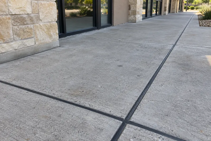 Concrete Contractor in Bellmead, TX, example photo: freshly resealed joints in a concrete walkway outside storefronts