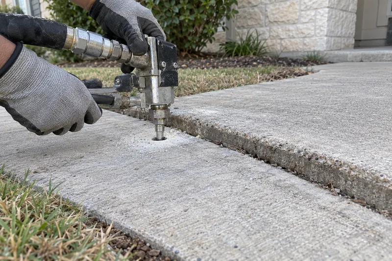 Concrete Contractor in Beverly Hills, TX, example photo: a foam-injection gun lifting a sunken sidewalk slab