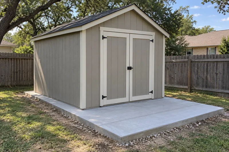 Concrete Contractor in Bruceville-Eddy, TX, example photo: a small storage shed on a new concrete pad