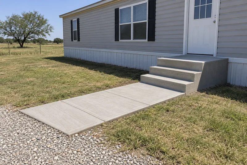Concrete Contractor in Gholson, TX, example photo: new concrete steps and walk at the front door of a manufactured home