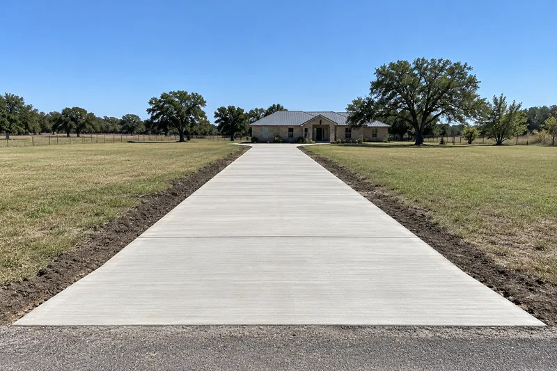 Concrete Contractor in Golinda, TX, example photo: new concrete driveway to a metal-roof home on flat farmland