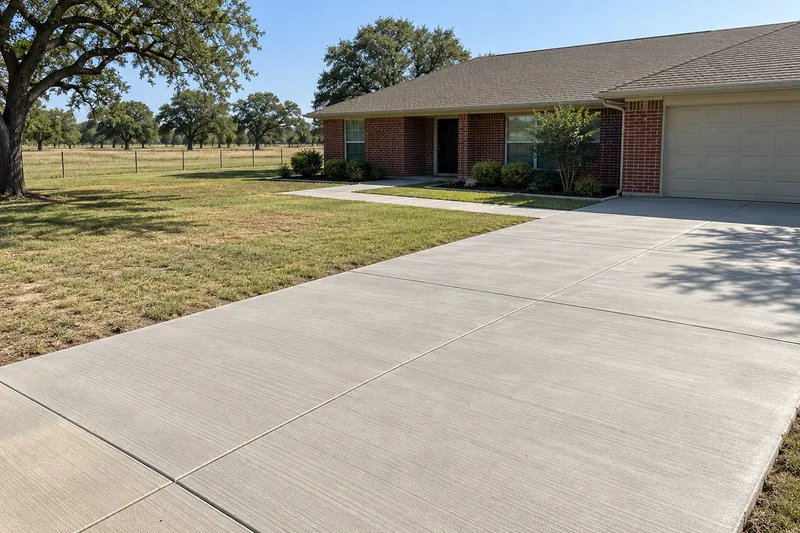 Concrete Contractor in Hallsburg, TX, example photo: new broom-finished driveway and front walk at a rural brick home