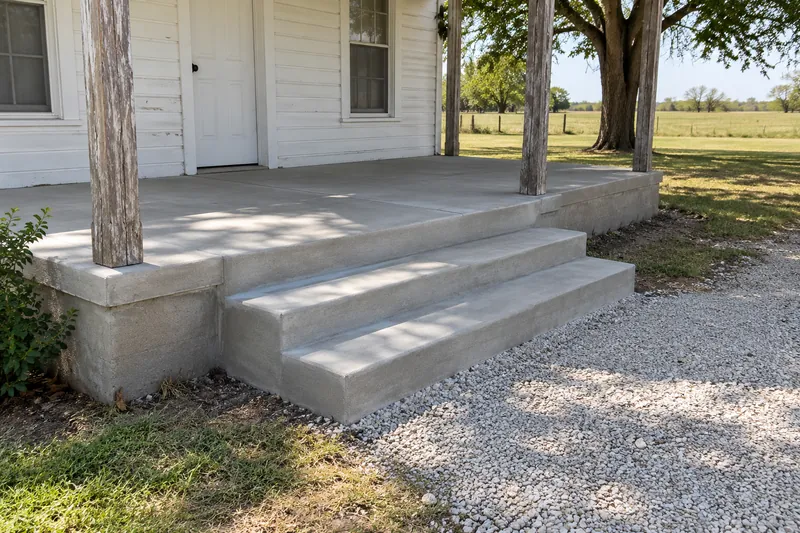 Concrete Contractor in Leroy, TX, example photo: new concrete porch slab and steps at an older farmhouse