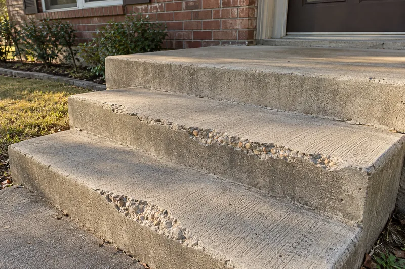 Concrete Contractor in Mart, TX, example photo: old concrete front steps with broken, chipped tread edges