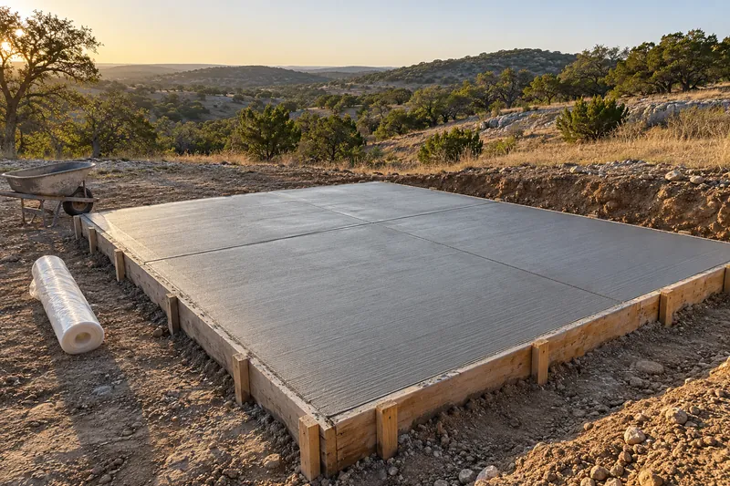 Concrete Contractor in Mosheim, TX, example photo: freshly placed concrete slab inside wood forms on a hillside ranch