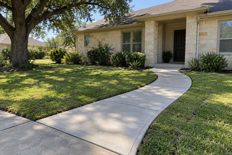 Concrete Contractor in Oglesby, TX, example photo: new curved concrete walkway to the porch of a stone house