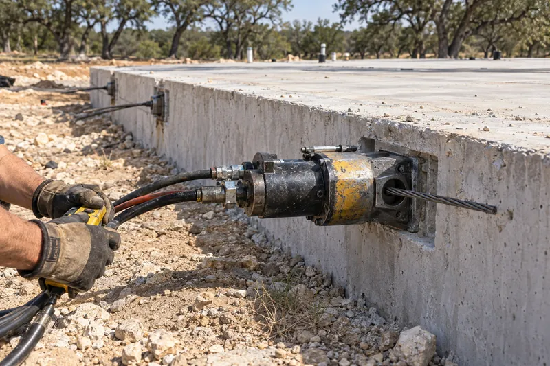 Concrete Contractor in Robinson, TX, example photo: post-tension cables being stressed at the edge of a new home slab
