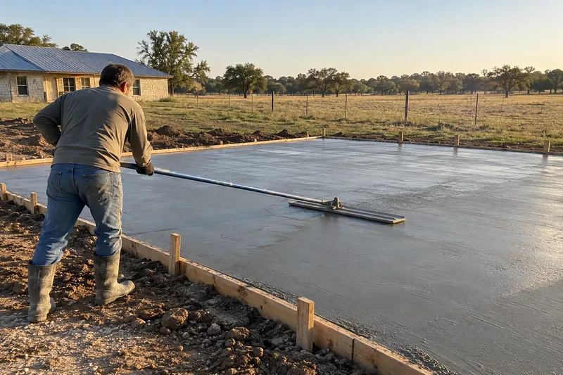 Concrete Contractor in Ross, TX, example photo: finisher bull-floating a fresh concrete slab inside wood forms