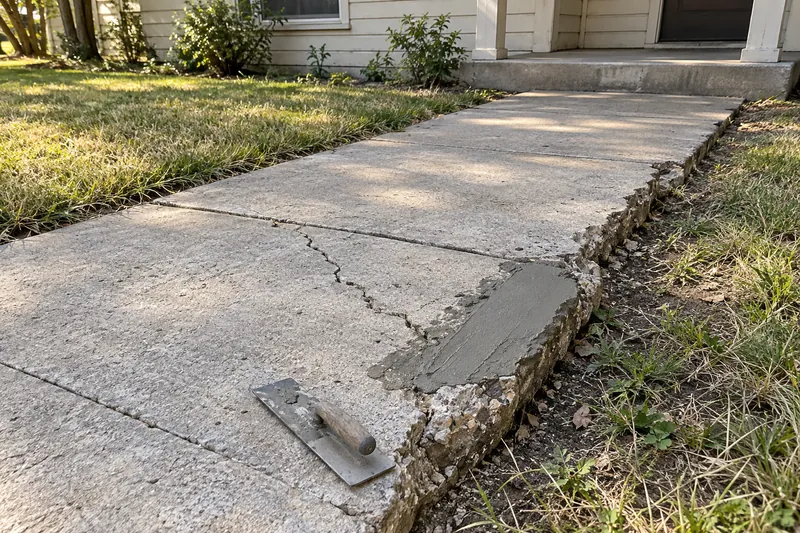 Concrete Contractor in Valley Mills, TX, example photo: old cracked front walk with a fresh patch at its broken edge