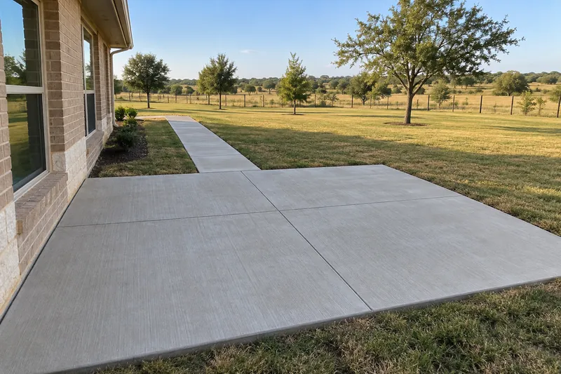 Concrete Contractor in Willow Grove, TX, example photo: concrete patio and walkway at a brick home on a large lot
