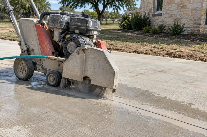 Concrete Cutting in Waco, TX, example photo: walk-behind saw with water spray cutting a control joint