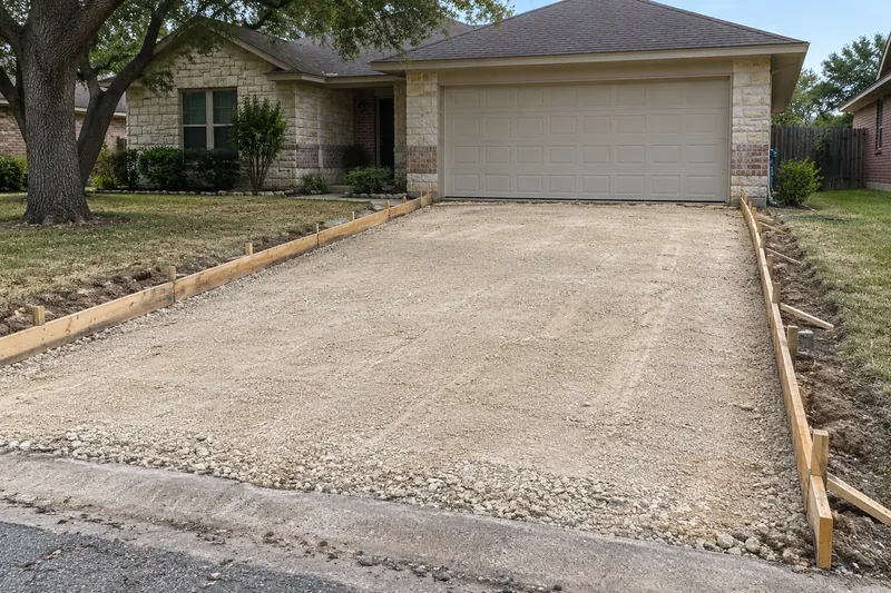 Concrete Driveway Thickness, Rebar and Curing Time for Waco Homes, example photo: old driveway removed, base graded smooth and new forms set