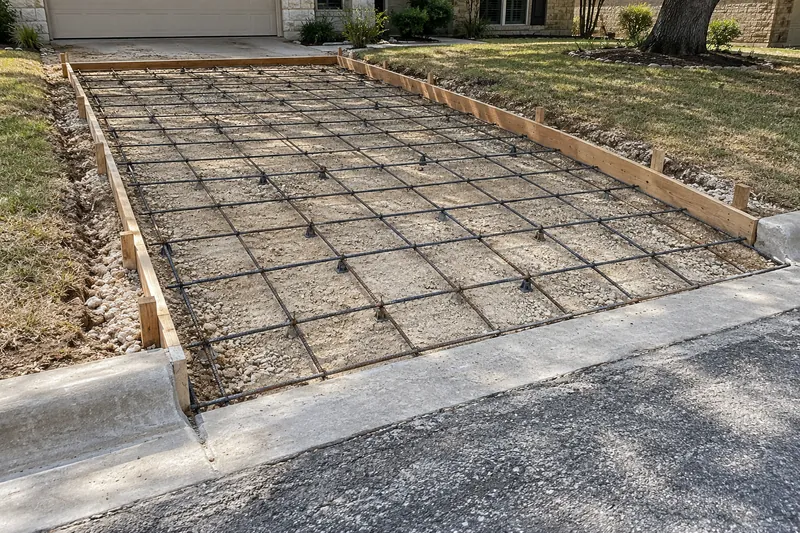 Concrete Driveways in Bellmead, TX, example photo: rebar grid in forms at the curb line for a driveway approach