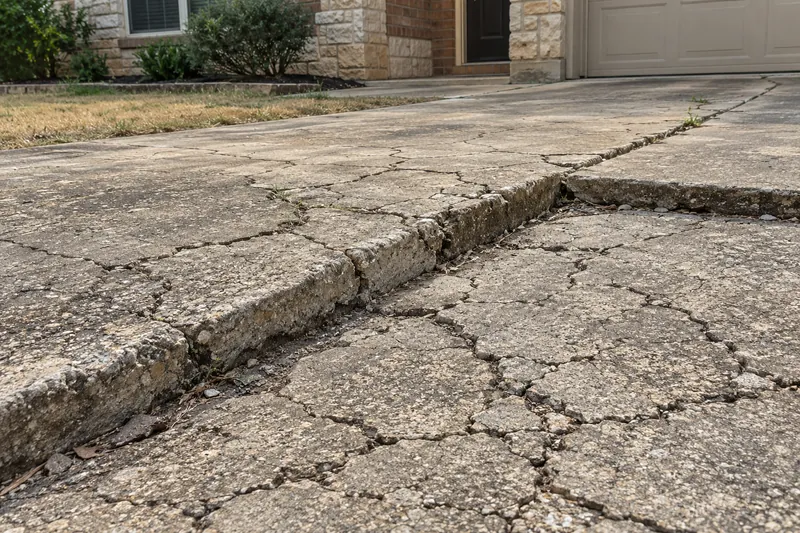 Concrete Driveways in Laguna Park, TX, example photo: old concrete driveway with alligator cracking and a sunken section