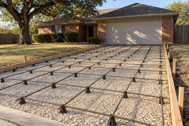 Concrete Driveways in Robinson, TX, example photo: driveway forms with rebar on chairs over a crushed-limestone base