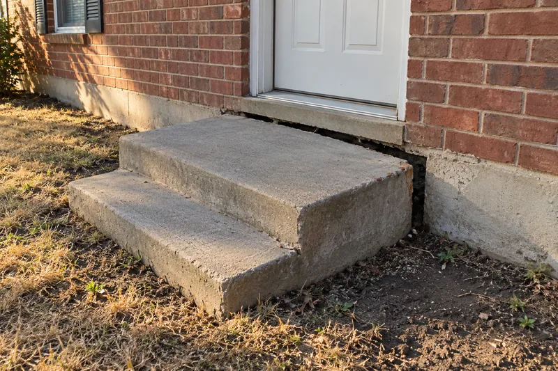 Concrete Leveling in Bellmead, TX, example photo: concrete front steps sunk below the door with a gap at the house