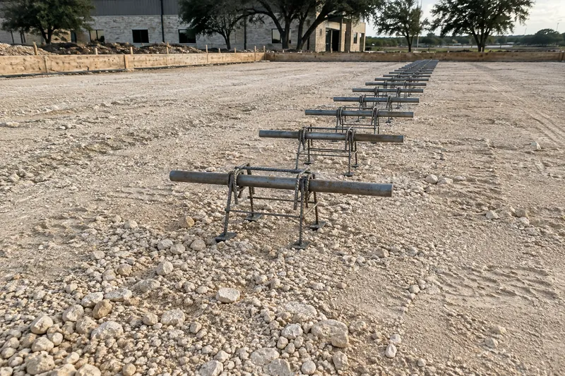 Concrete Parking Lots in Beverly Hills, TX, example photo: dowel baskets set at a joint line, ready for the pour