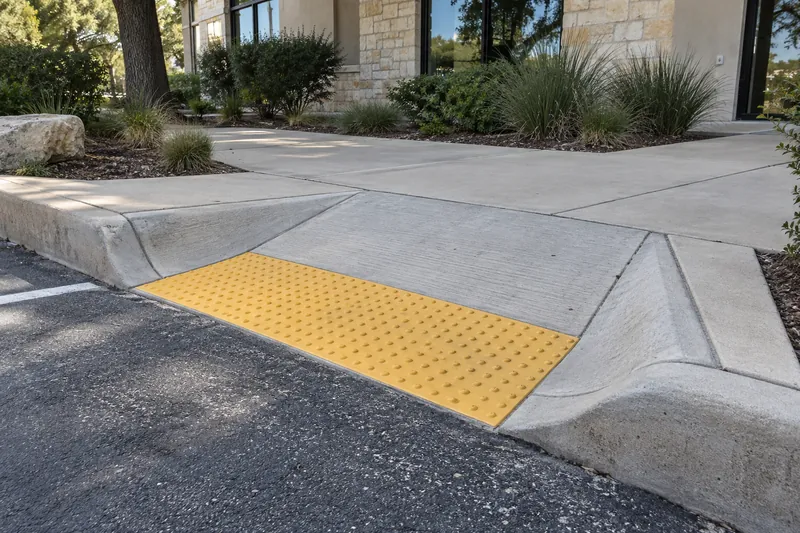 Concrete Parking Lots in Hallsburg, TX, example photo: concrete curb ramp with a truncated-dome warning pad