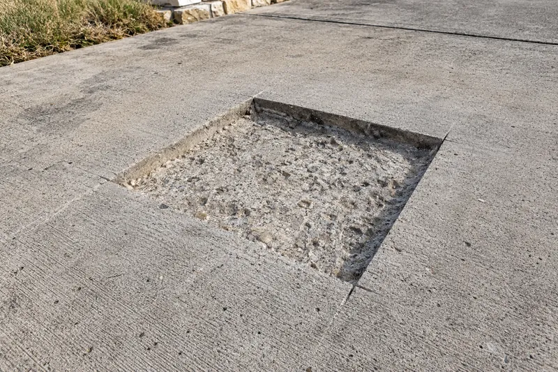 Concrete Parking Lots in Lacy-Lakeview, TX, example photo: spalled area saw-cut and chipped out for patching