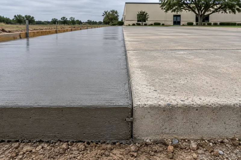 Concrete Parking Lots in Mart, TX, example photo: freshly poured parking-lot lane against an older cured panel
