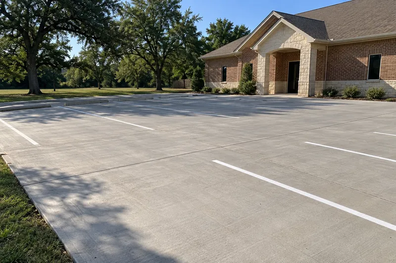 Concrete Parking Lots in Oglesby, TX, example photo: small new concrete parking lot with striped stalls and wheel stops