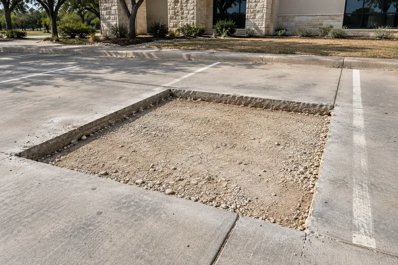 Concrete Parking Lots in Ross, TX, example photo: broken parking lot panel saw-cut out for replacement