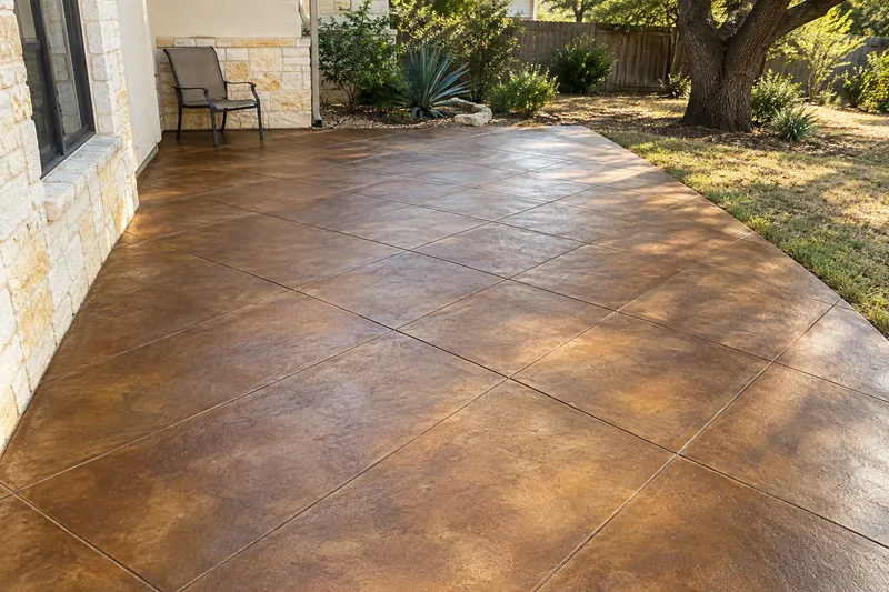 Concrete Patios in Golinda, TX, example photo: a stained concrete patio scored in a diamond pattern