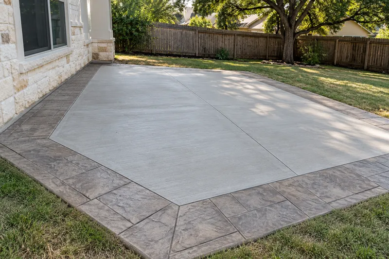 Concrete Patios in Laguna Park, TX, example photo: patio with a stamped border around a broom-finished field
