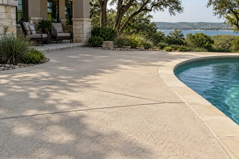 Concrete Patios in Moody, TX, example photo: a light, textured pool deck at a lake-area home