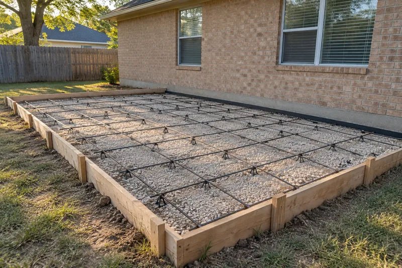 Concrete Patios in Oglesby, TX, example photo: patio forms with rebar on chairs set against a house