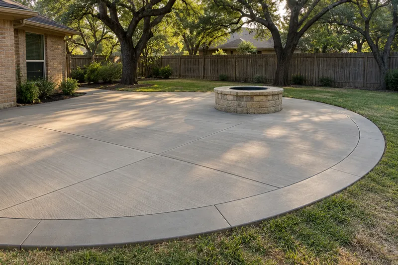 Concrete Patios in Riesel, TX, example photo: curved concrete patio with a smooth border around a fire pit