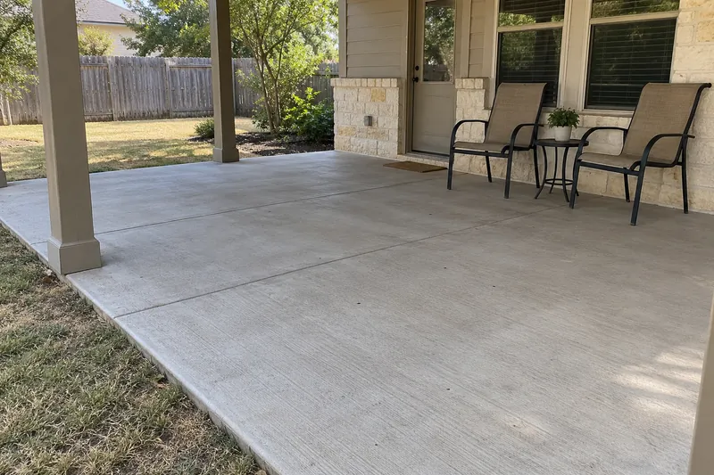 Concrete Patios in Waco, TX, example photo: broom-finished concrete patio behind a house under a covered porch