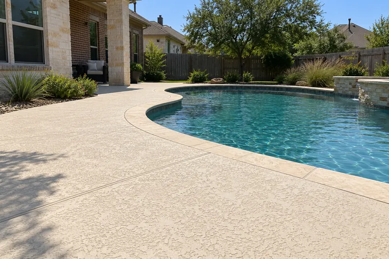 Concrete Pool Decks in Waco, TX, example photo: light textured concrete deck around a backyard pool