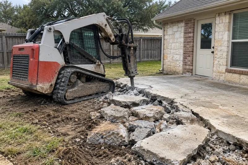 Concrete Removal in Waco, TX, example photo: skid steer with a breaker breaking up an old patio slab