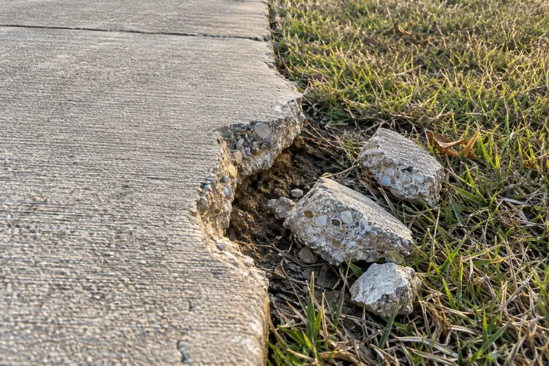 Concrete Repair in China Spring, TX, example photo: broken sidewalk edge crumbling into the grass