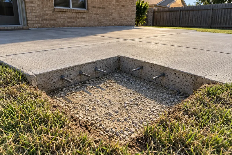 Concrete Repair in Crawford, TX, example photo: cracked patio corner saw-cut out with dowels in the edge