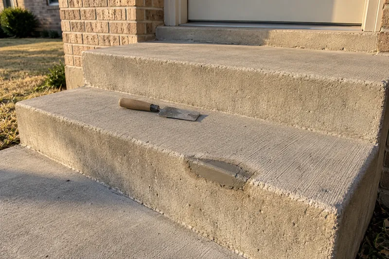 Concrete Repair in Golinda, TX, example photo: concrete step edges patched with fresh repair mortar