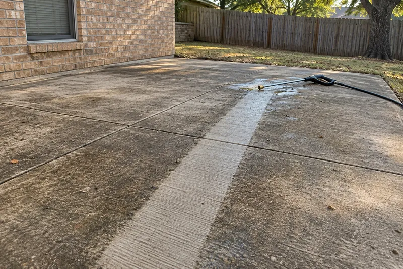 Concrete Resurfacing in Lacy-Lakeview, TX, example photo: pressure-washed stripe across a dirty concrete patio