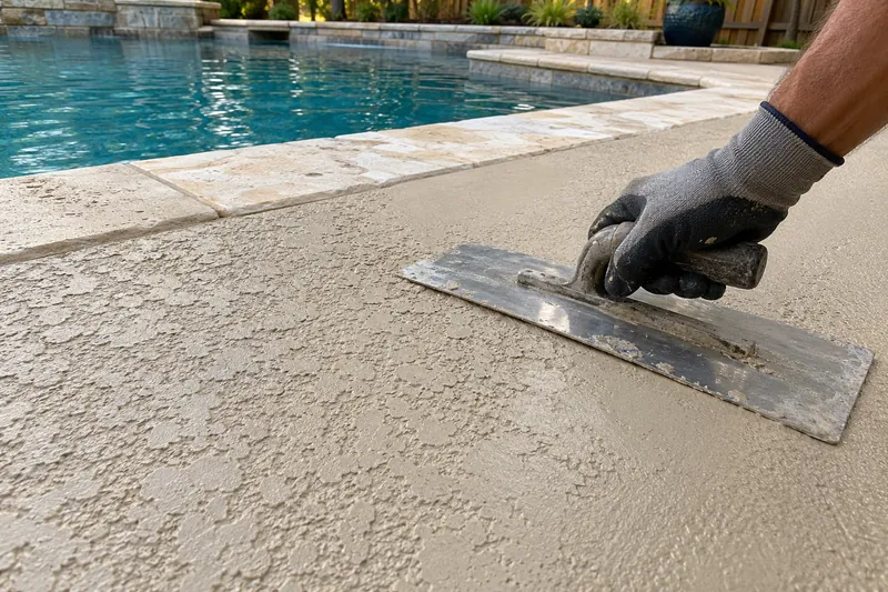 Concrete Resurfacing in Moody, TX, example photo: knockdown texture being troweled onto a pool deck