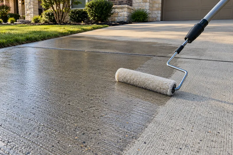 Concrete Resurfacing in Valley Mills, TX, example photo: roller applying sealer to a broom-finished driveway
