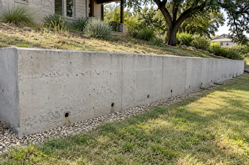 Concrete Retaining Walls in Waco, TX, example photo: poured concrete retaining wall with weep holes along a sloped yard