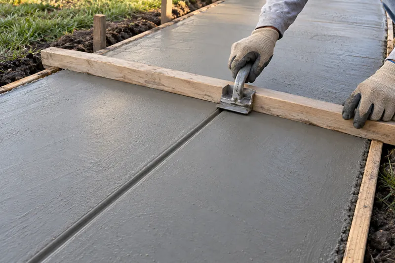 Concrete Sidewalks in China Spring, TX, example photo: groover cutting a control joint in a fresh concrete walkway